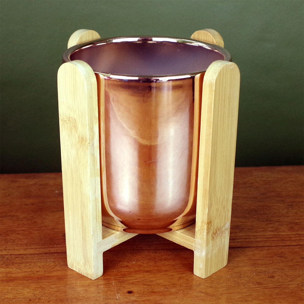 Gold Ceramic Planter on Bamboo Stand – Elegant Plant Pot