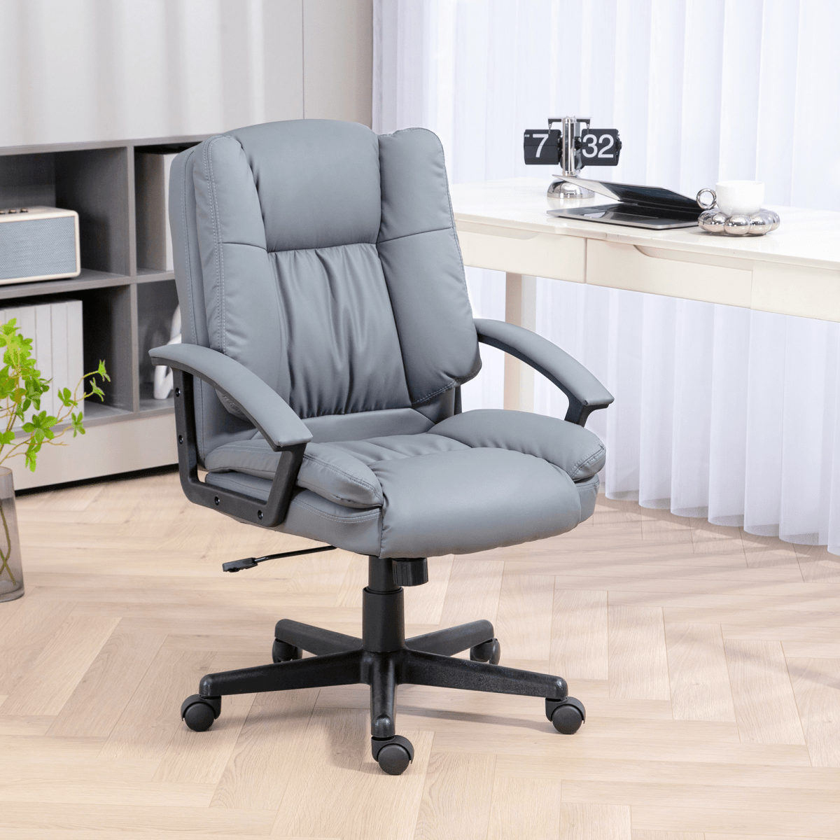 Faux Leather Home Office Chair Mid Back Desk Chair with Arms - Light Grey - AKGOmniShop