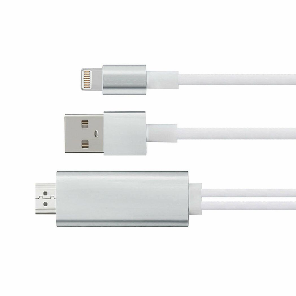 Aquarius Full HD HDMI connector cable in silver for phone and pad screen mirroring, showcasing the cable's connectors and length.