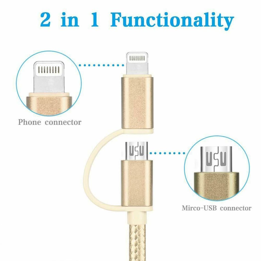 Gold Nylon Braided USB cable with 2-in-1 dual Lightning connector by FX, showcasing durable design and versatile connectivity.