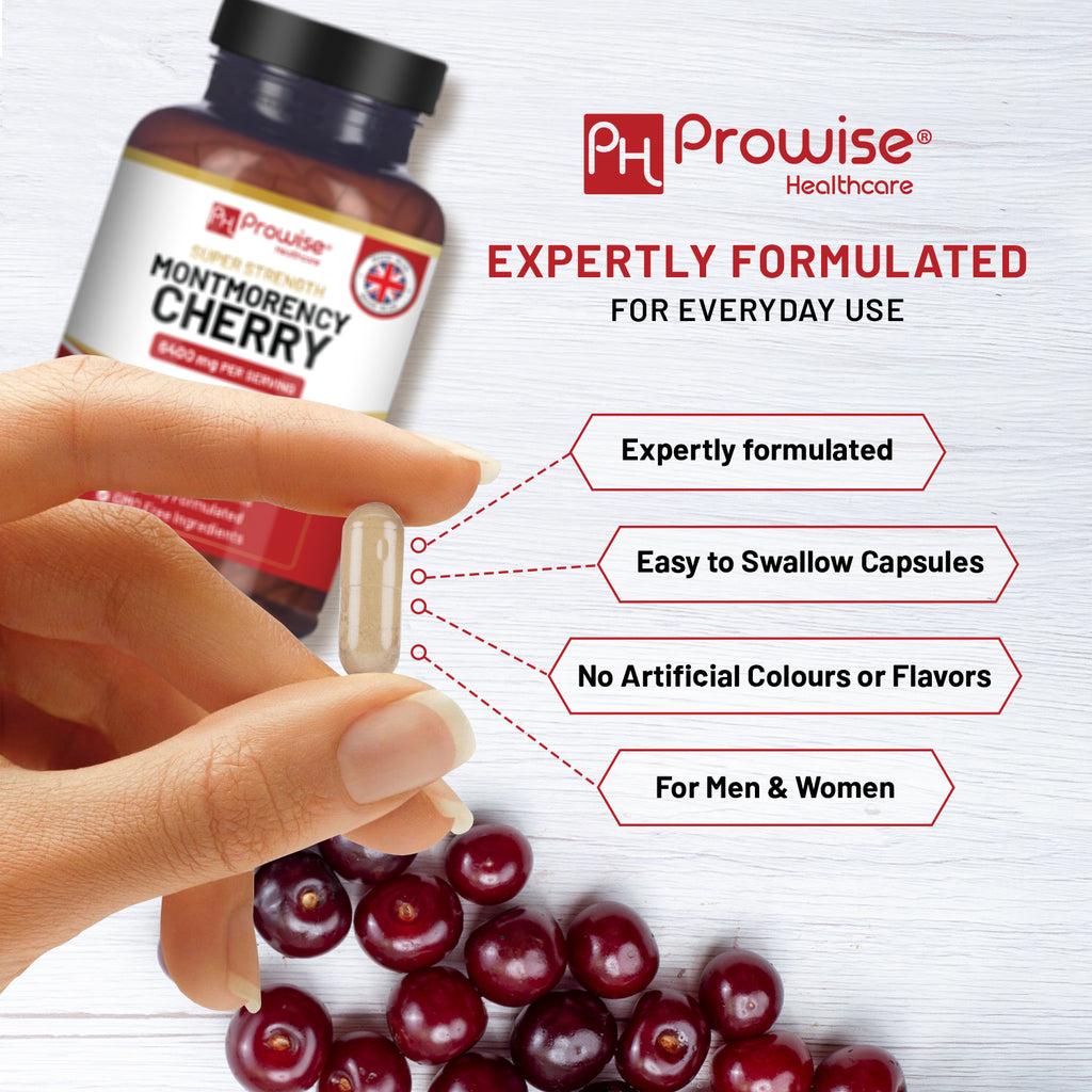 Prowise Healthcare Montmorency Cherry 6400mg capsules in a bottle, featuring 200 tart cherry extract supplements.