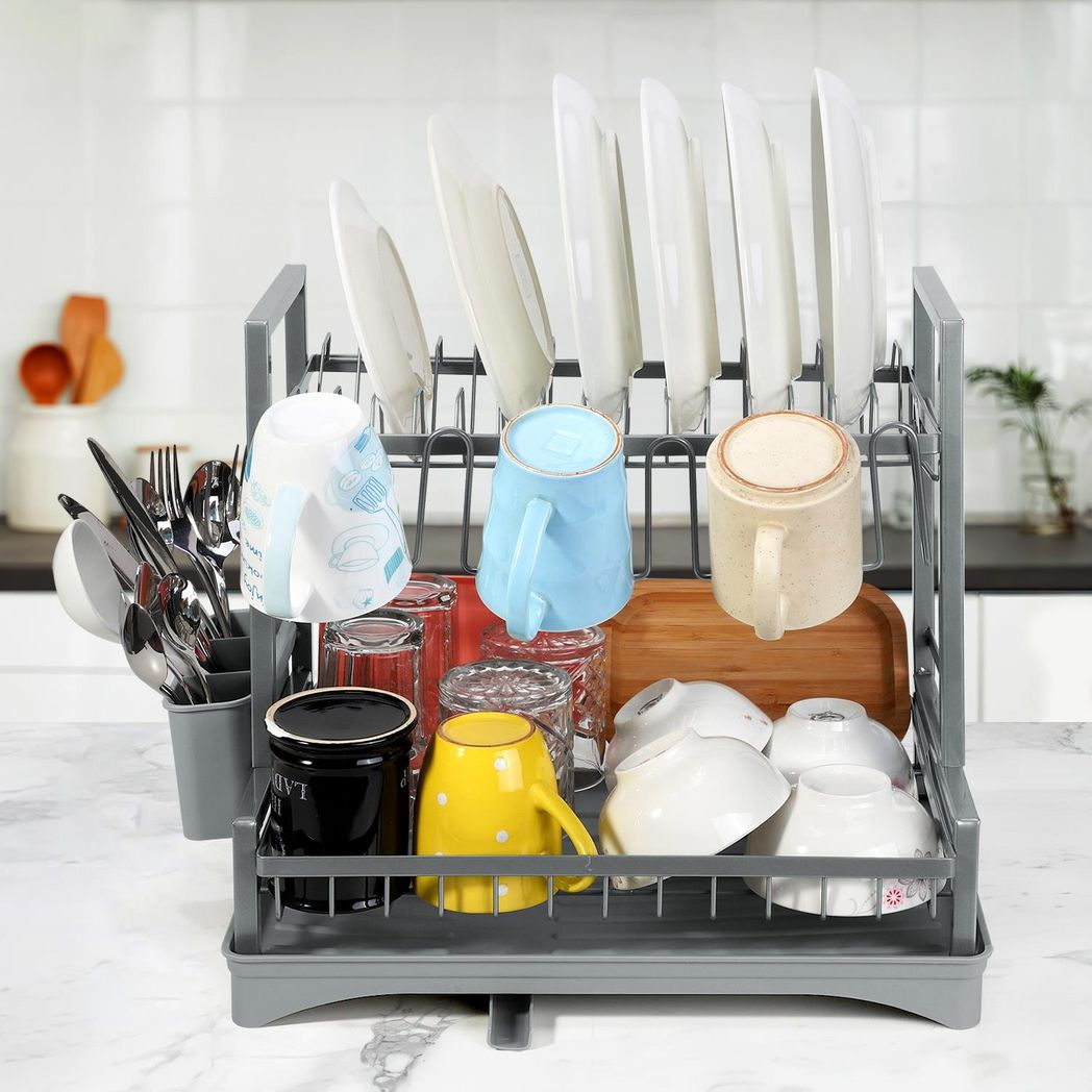 Grey 2 tier dish drainer from HomeCraft, featuring a detachable design for space-saving drying solutions.