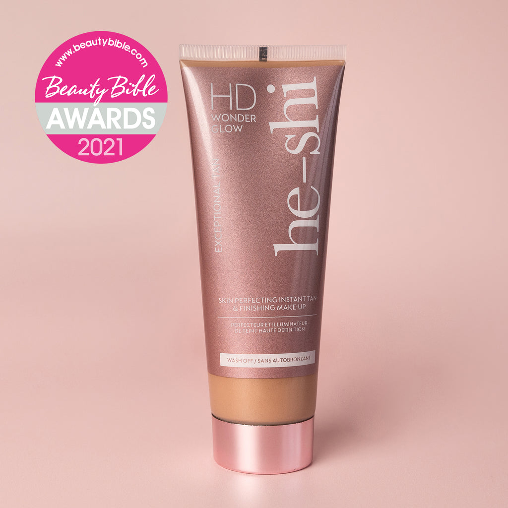 He-Shi HD Wonder Glow Body Make Up in a sleek bottle, showcasing a shimmering, wash-off formula for a radiant glow.