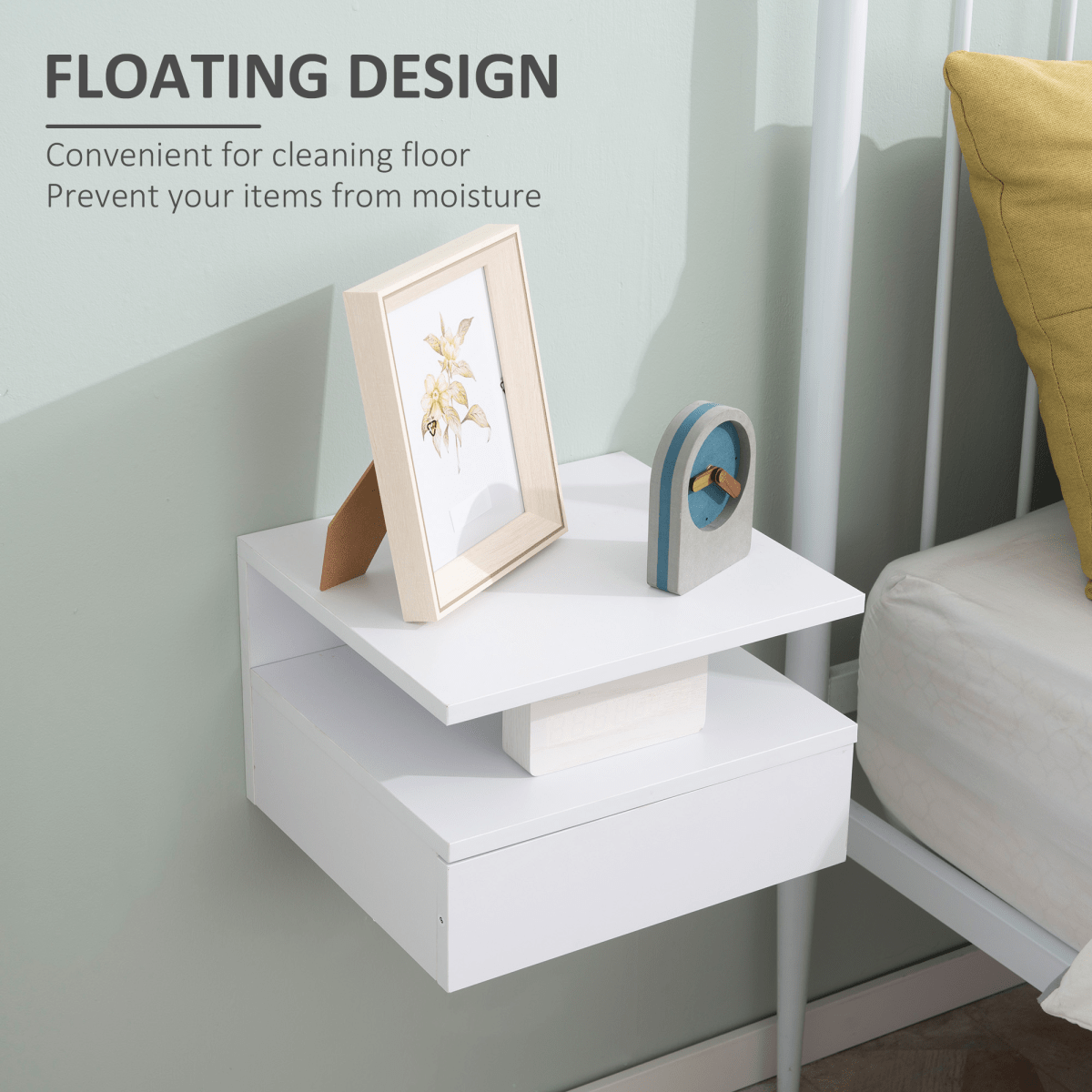 Floating Nightstand Set of 2 - Wall Mounted Bedside Cabinet with Drawer - White - AKGOmniShop