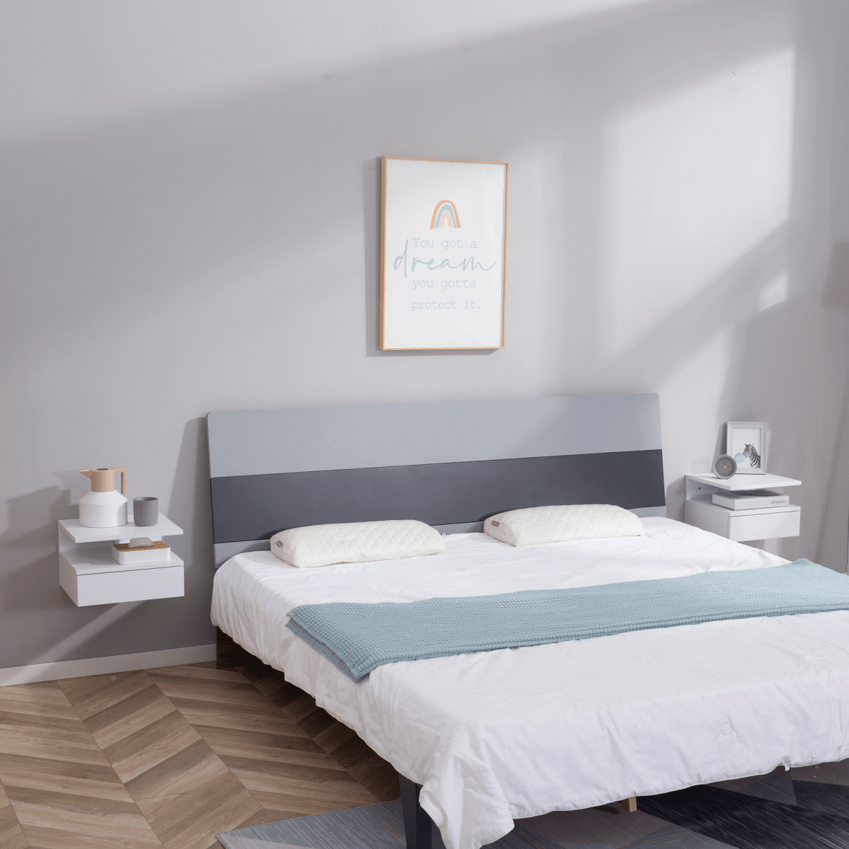 Floating Nightstand Set of 2 - Wall Mounted Bedside Cabinet with Drawer - White - AKGOmniShop