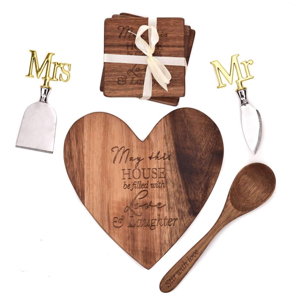 Heart Board, Coasters, Cheese Knives and Spoon Set - Mr & Mrs - Entertaining Gift - AKGOmniShop