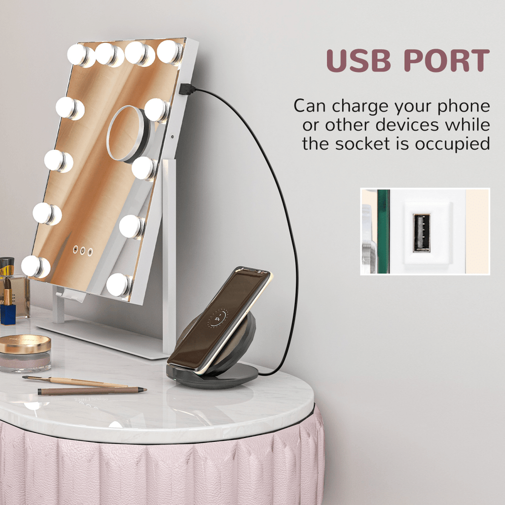 Hollywood Lighted Makeup Mirror with Magnifier USB Port & Phone Holder - White - AKGOmniShop