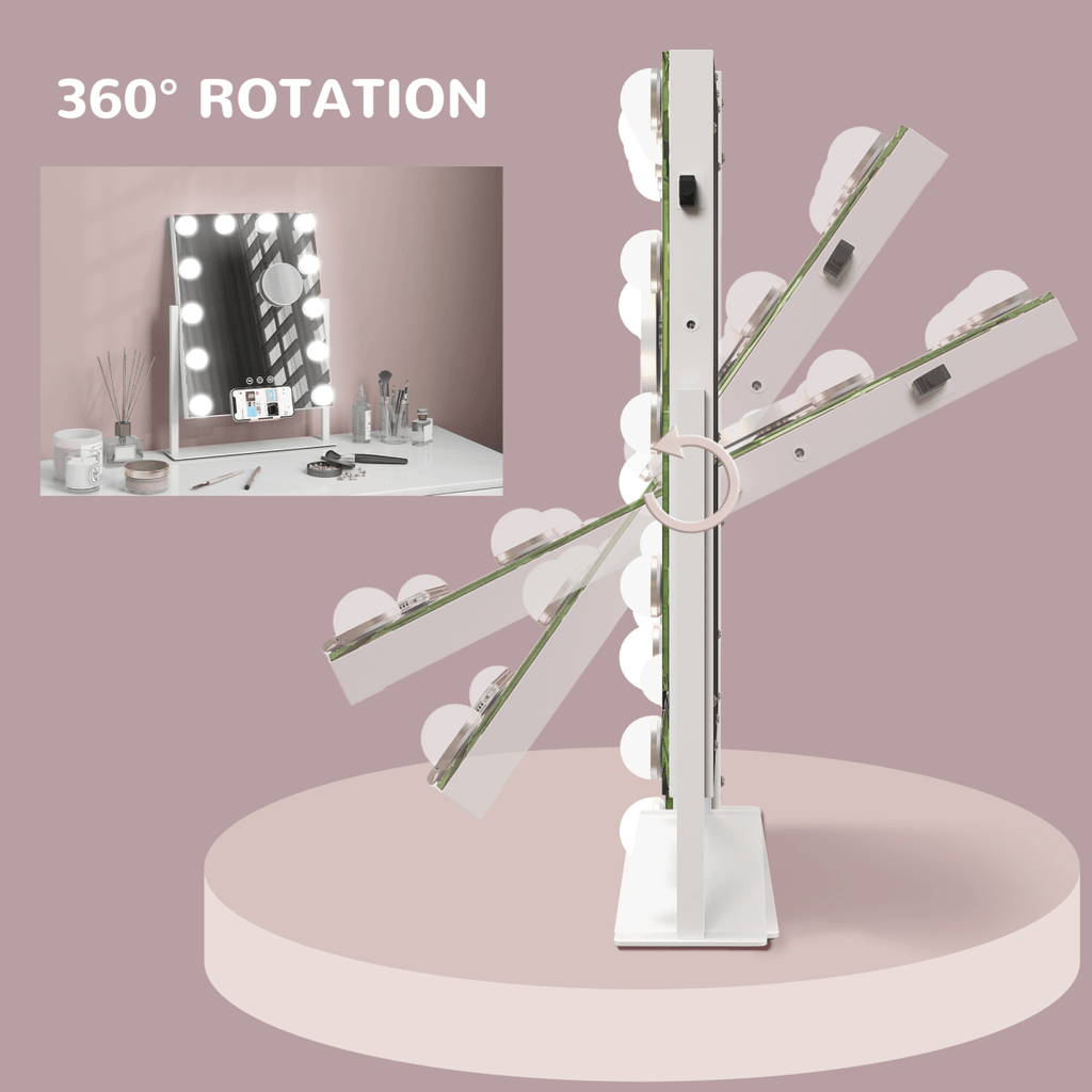 Hollywood Lighted Makeup Mirror with Magnifier USB Port & Phone Holder - White - AKGOmniShop