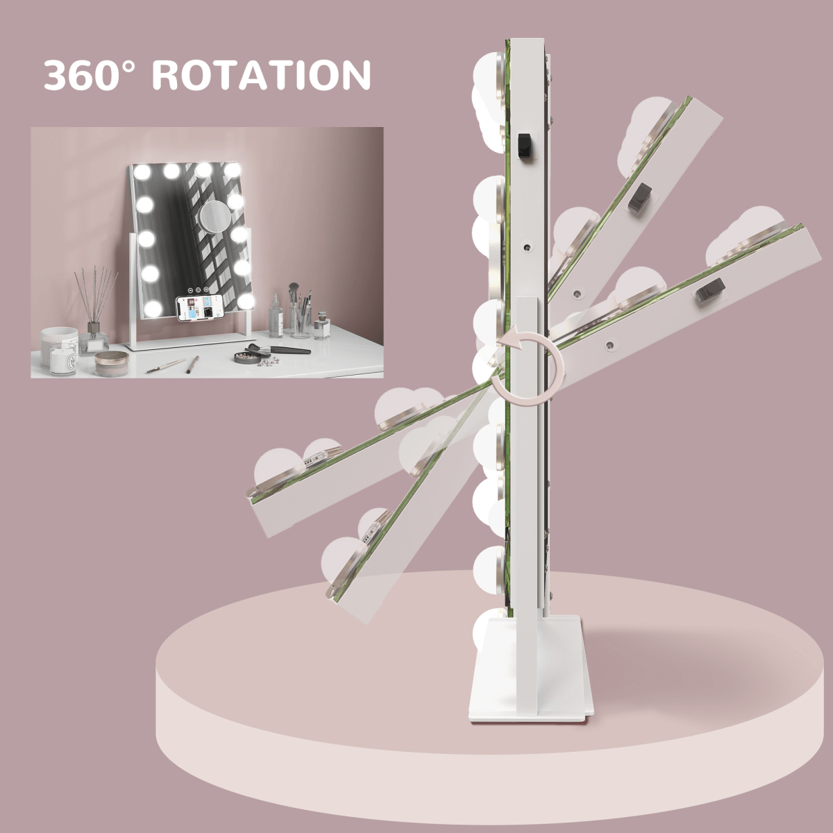 Hollywood Lighted Makeup Mirror with Magnifier USB Port & Phone Holder - White - AKGOmniShop