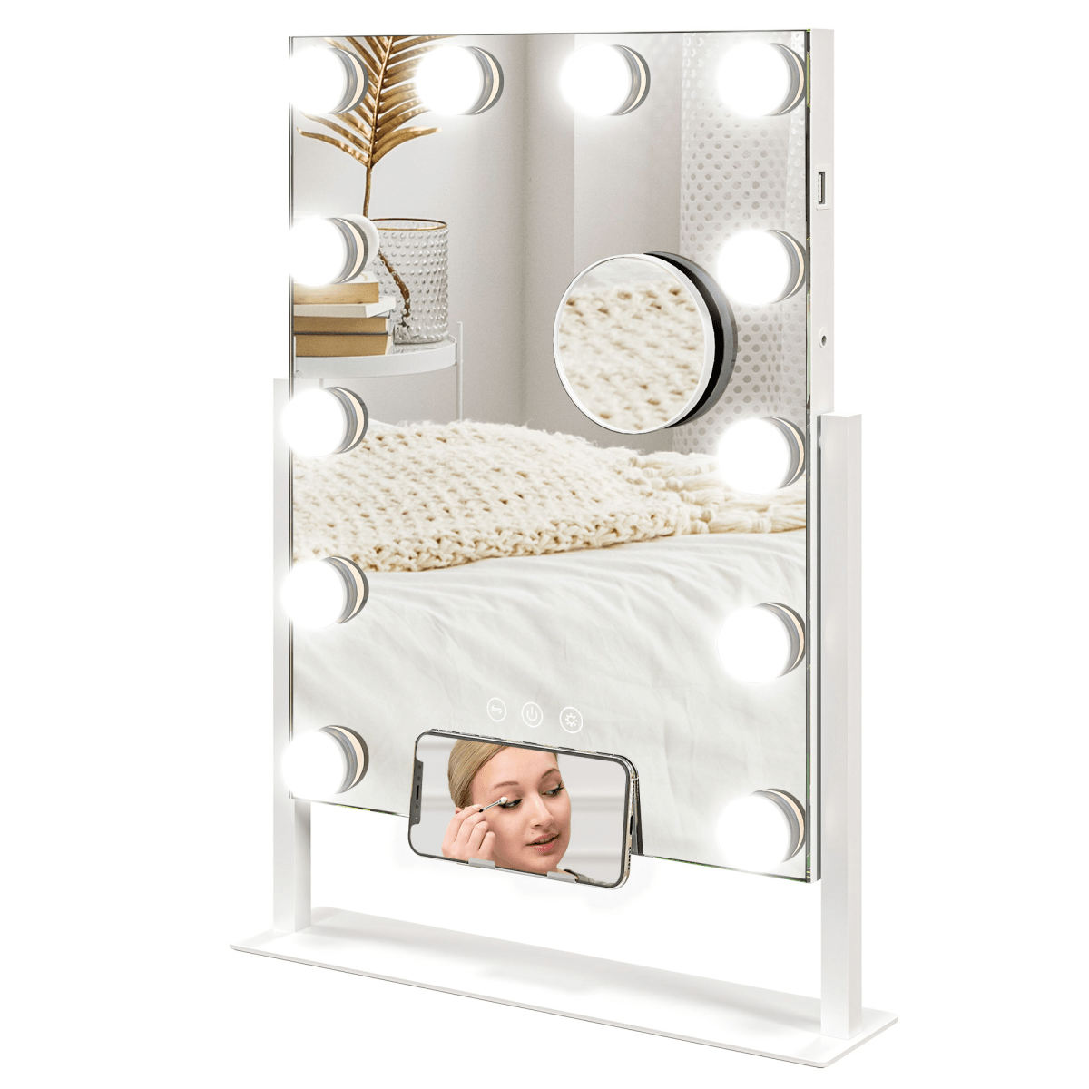 Hollywood Lighted Makeup Mirror with Magnifier USB Port & Phone Holder - White - AKGOmniShop