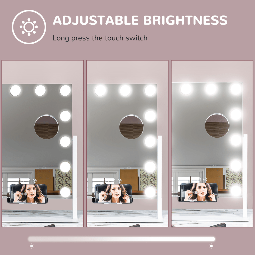 Hollywood Lighted Makeup Mirror with Magnifier USB Port & Phone Holder - White - AKGOmniShop