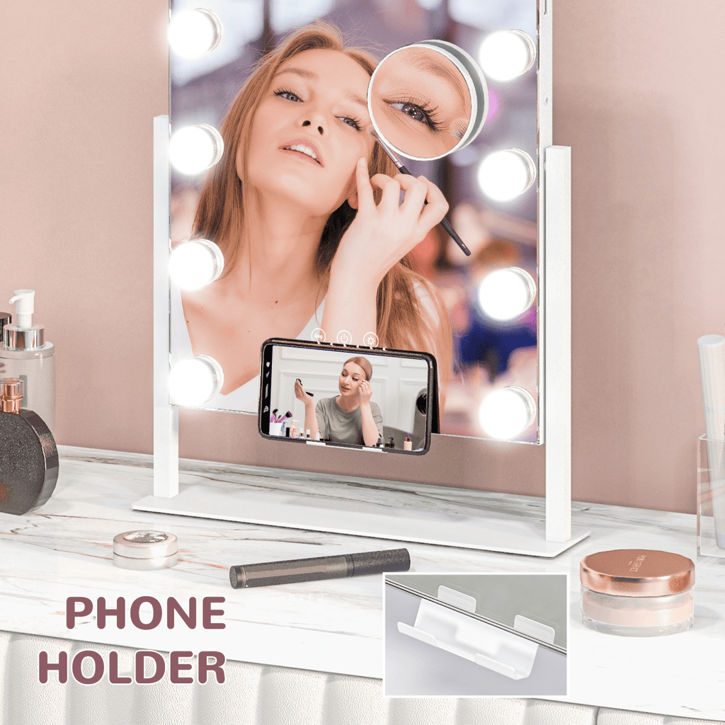 Hollywood Lighted Makeup Mirror with Magnifier USB Port & Phone Holder - White - AKGOmniShop