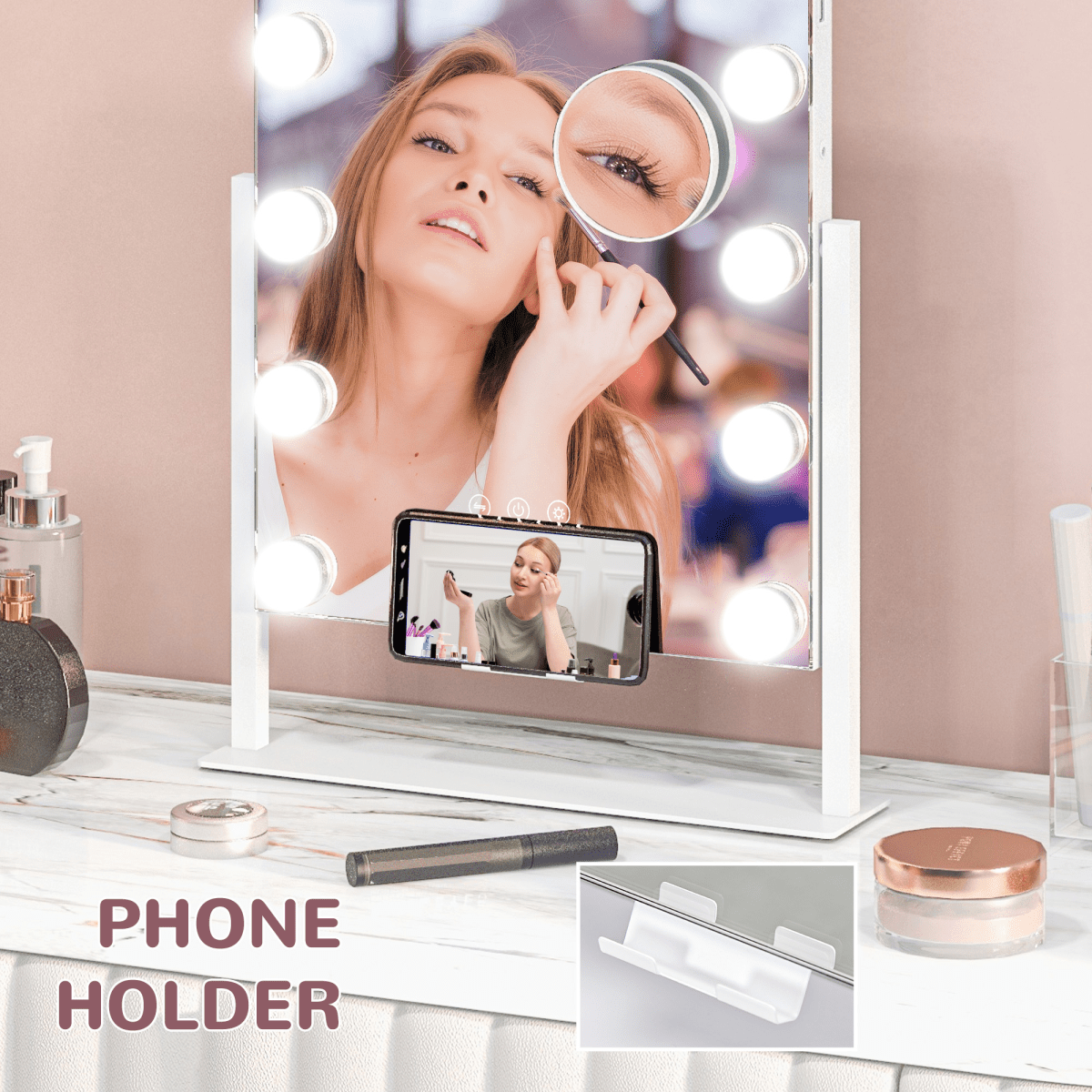 Hollywood Lighted Makeup Mirror with Magnifier USB Port & Phone Holder - White - AKGOmniShop