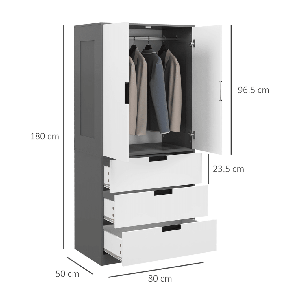 HOMCOM 2 Door Wardrobe Grey Wardrobe with 3 Drawer and Hanging Rod for Bedroom - AKGOmniShop