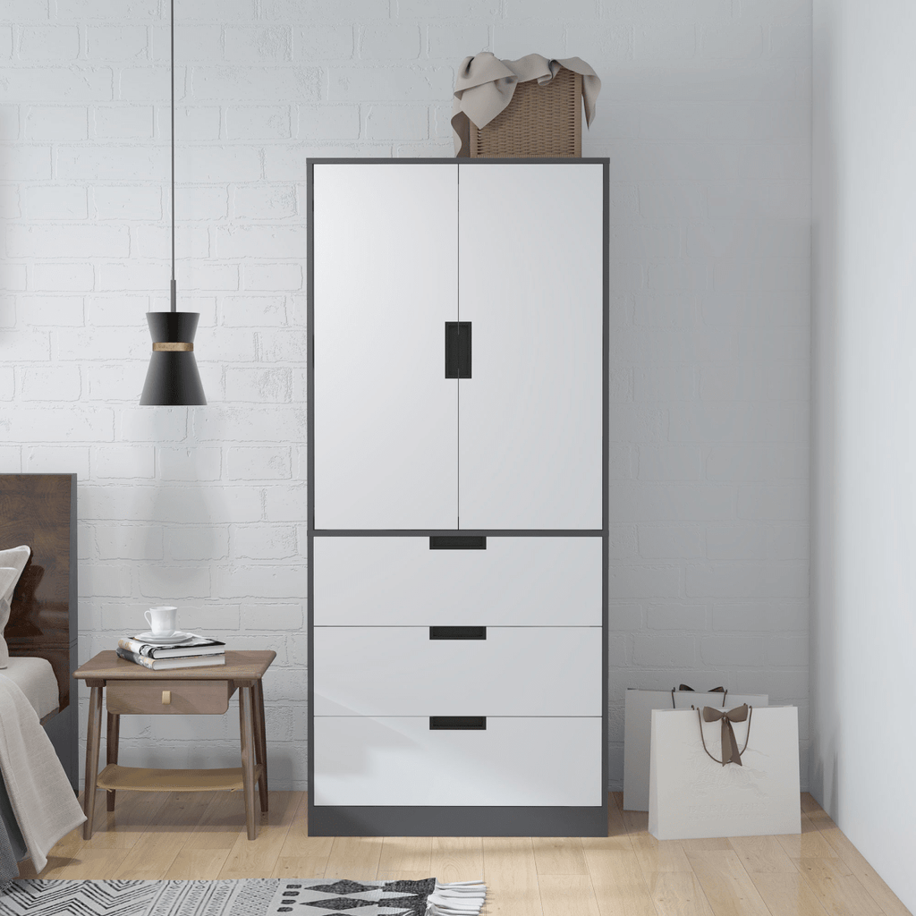 HOMCOM 2 Door Wardrobe Grey Wardrobe with 3 Drawer and Hanging Rod for Bedroom - AKGOmniShop