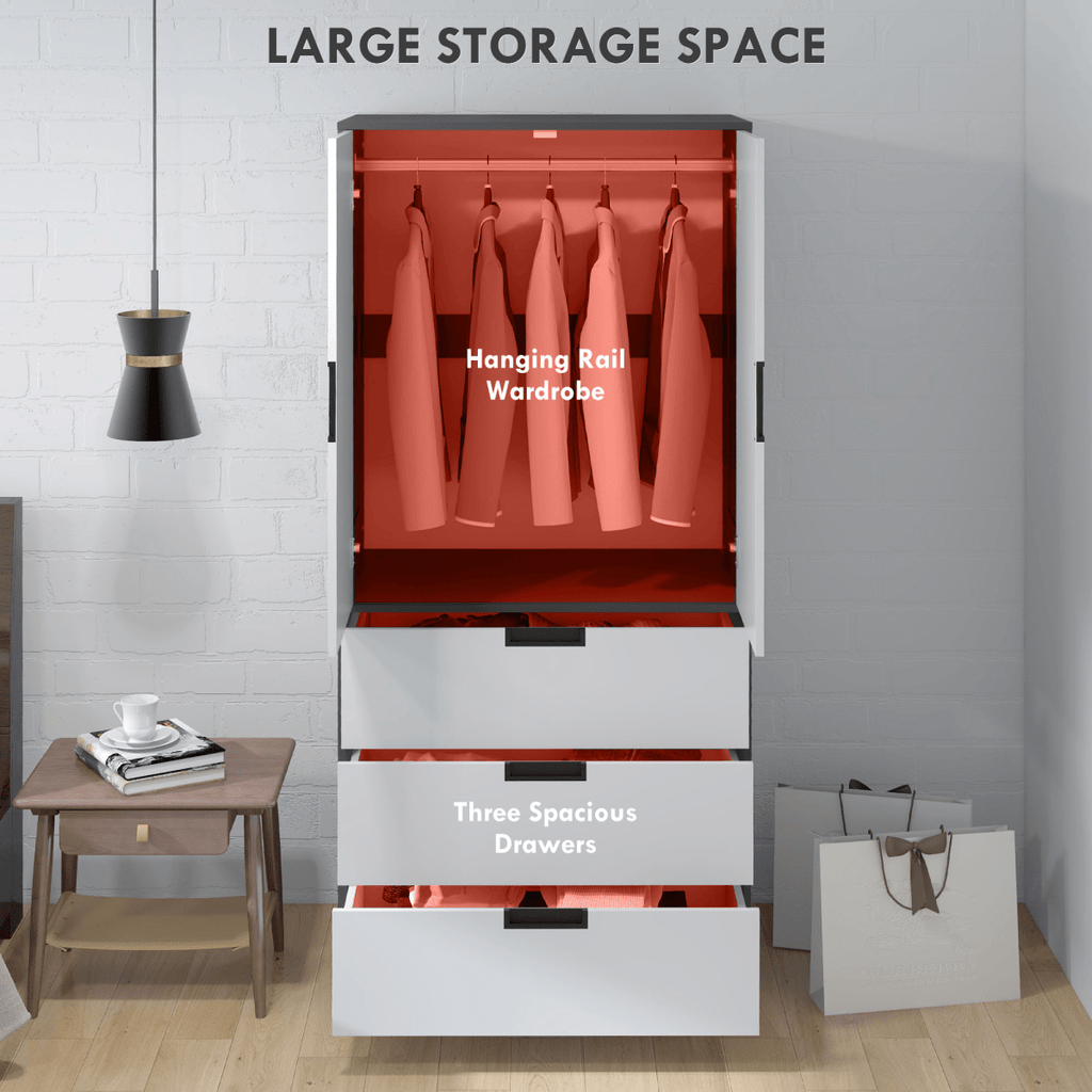 HOMCOM 2 Door Wardrobe Grey Wardrobe with 3 Drawer and Hanging Rod for Bedroom - AKGOmniShop