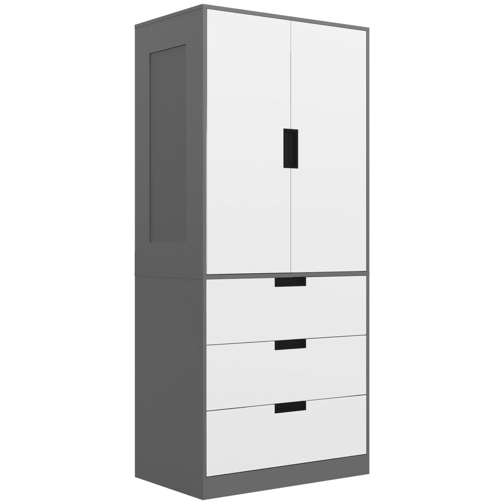 HOMCOM 2 Door Wardrobe Grey Wardrobe with 3 Drawer and Hanging Rod for Bedroom - AKGOmniShop