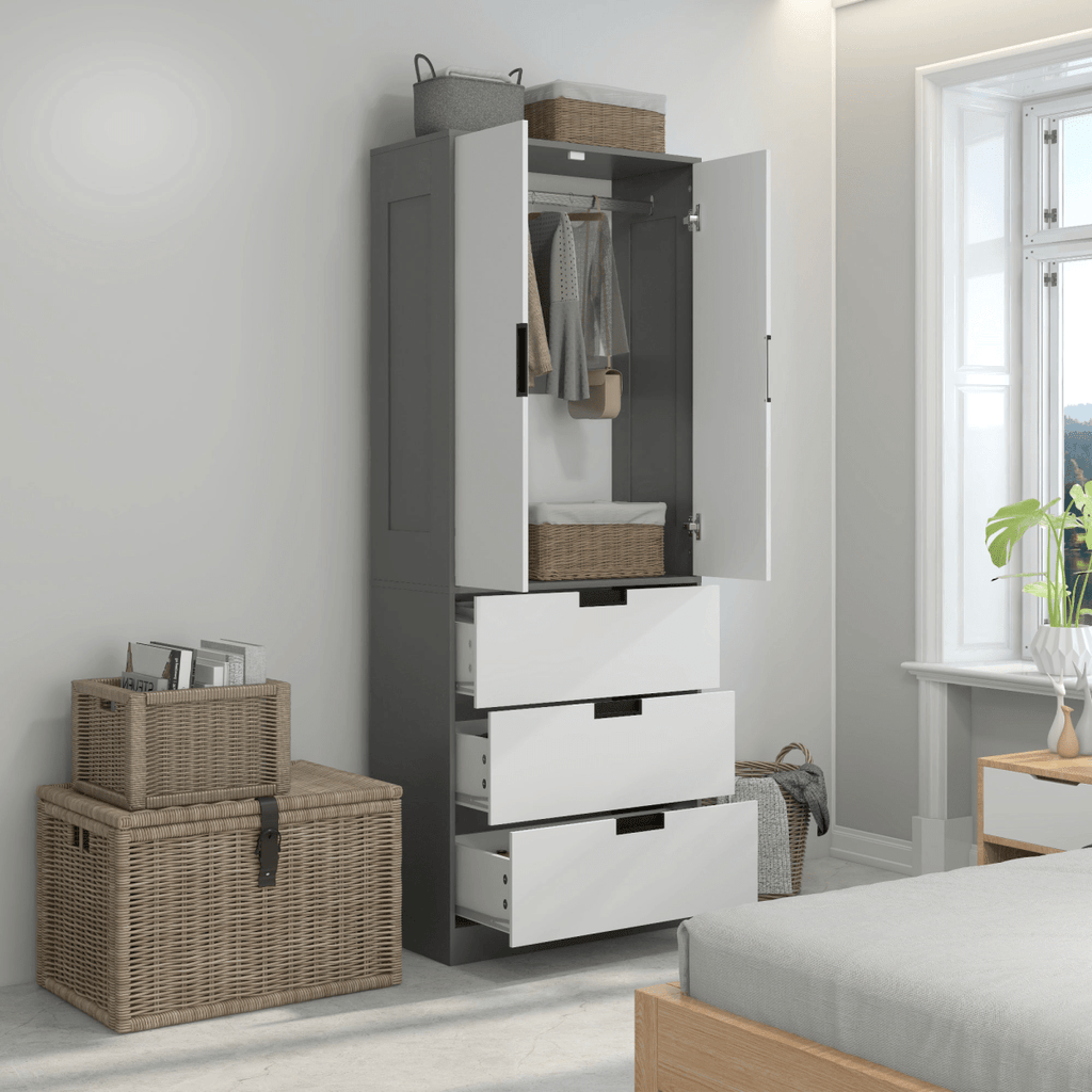 HOMCOM 2 Door Wardrobe Grey Wardrobe with 3 Drawer and Hanging Rod for Bedroom - AKGOmniShop