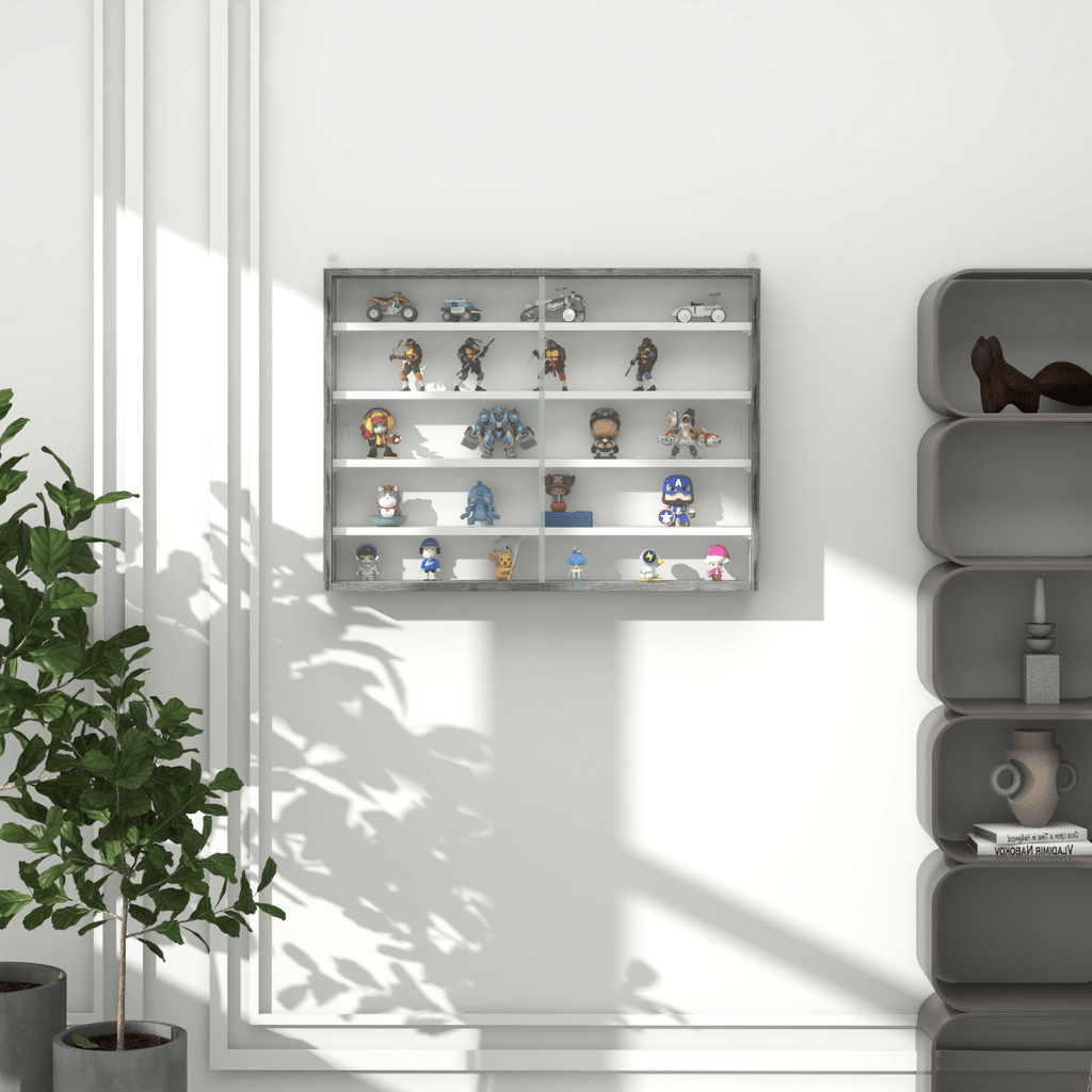 HOMCOM 5 - Tier Wall Display Shelf Unit Cabinet w/ Shelves Glass Doors Grey Wood - AKGOmniShop