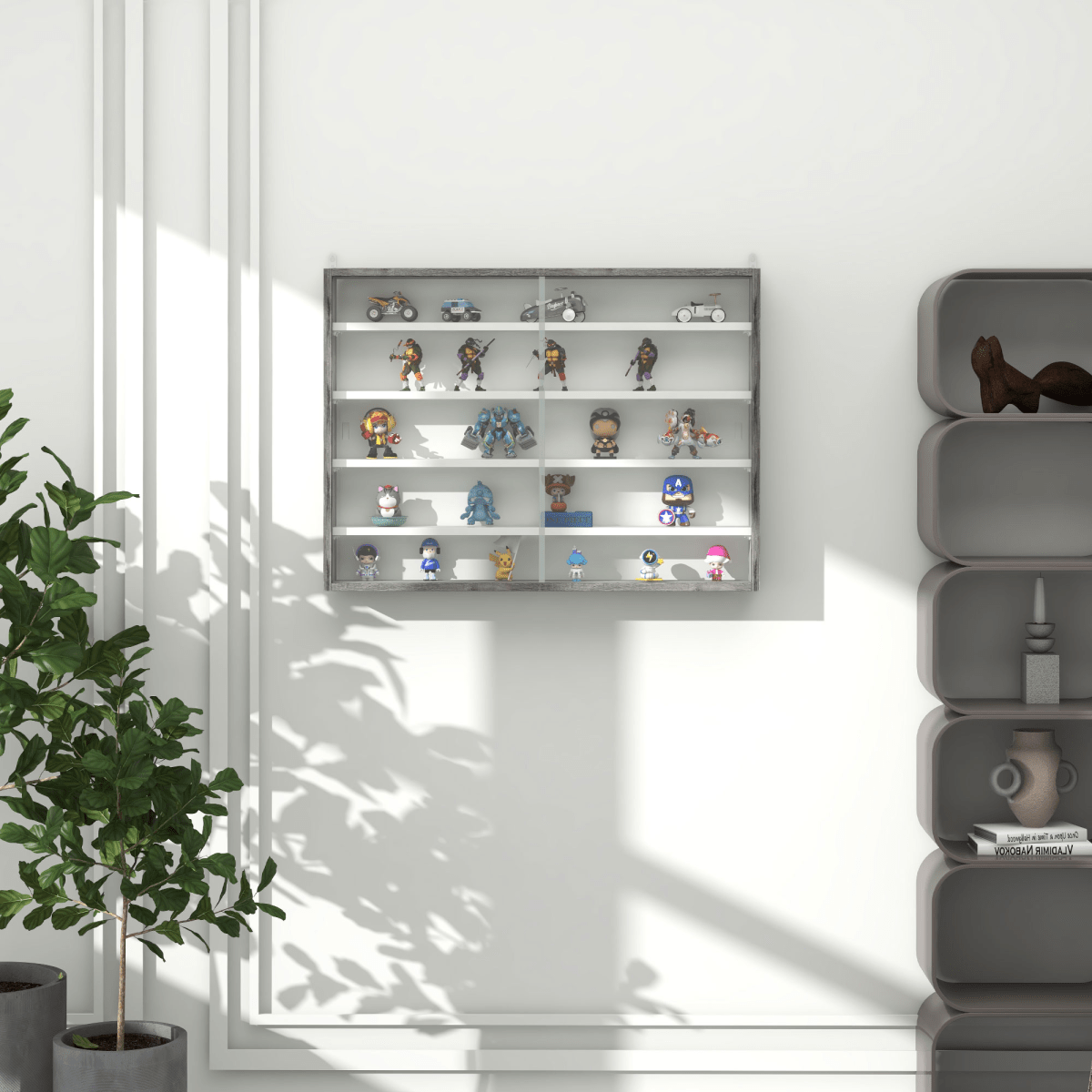 HOMCOM 5 - Tier Wall Display Shelf Unit Cabinet w/ Shelves Glass Doors Grey Wood - AKGOmniShop