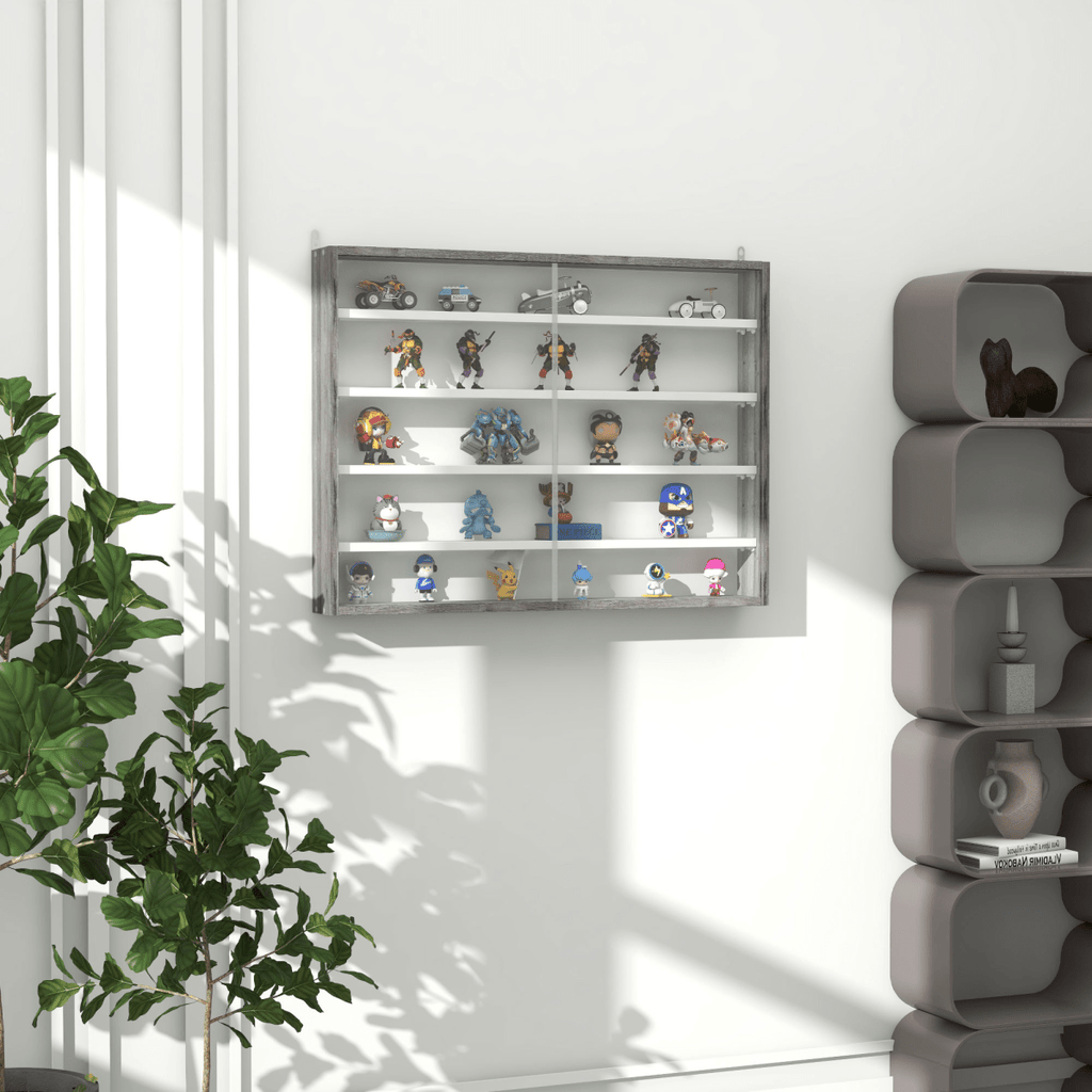 HOMCOM 5 - Tier Wall Display Shelf Unit Cabinet w/ Shelves Glass Doors Grey Wood - AKGOmniShop