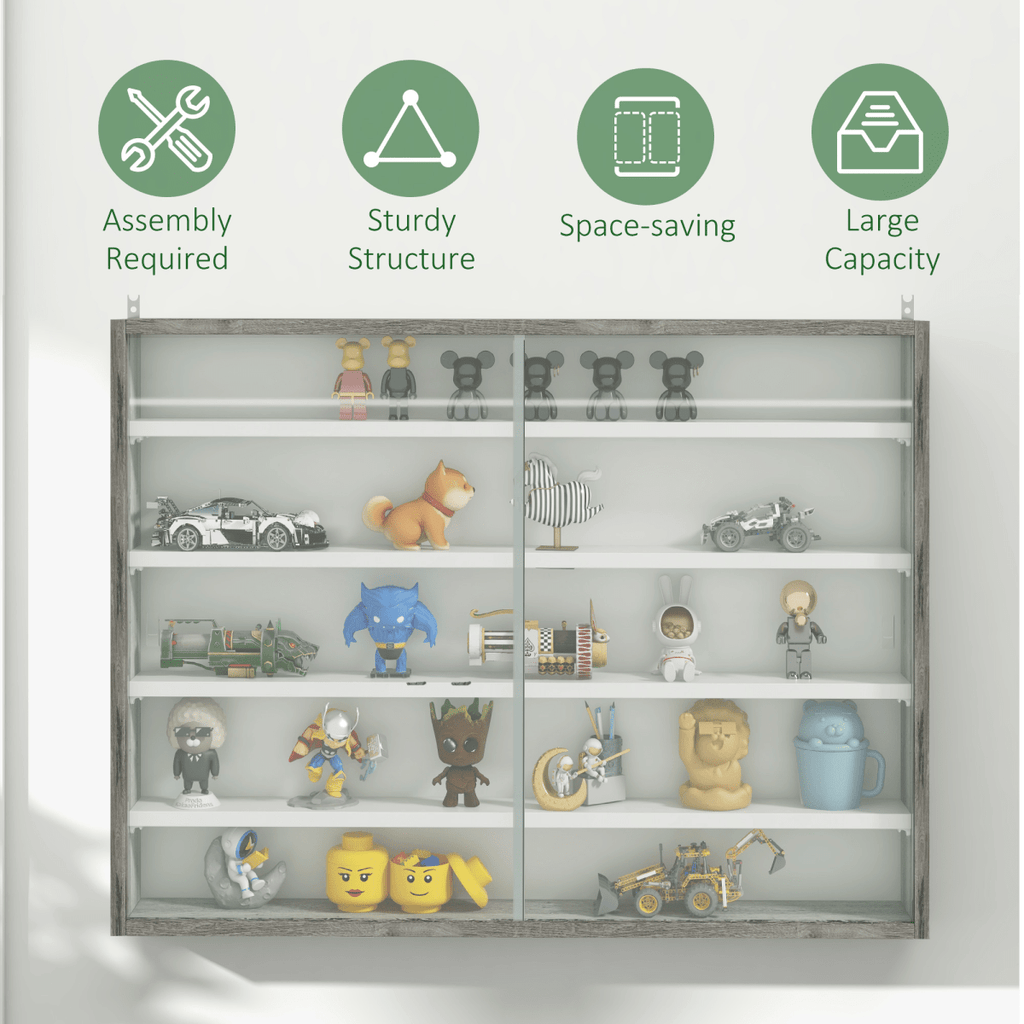 HOMCOM 5 - Tier Wall Display Shelf Unit Cabinet w/ Shelves Glass Doors Grey Wood - AKGOmniShop