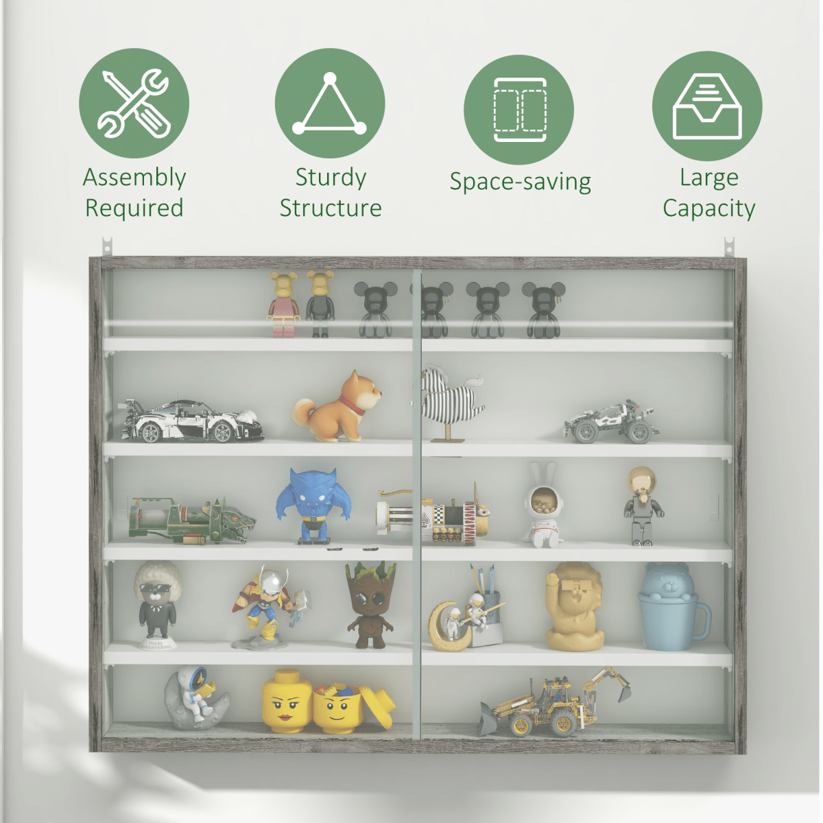 HOMCOM 5 - Tier Wall Display Shelf Unit Cabinet w/ Shelves Glass Doors Grey Wood - AKGOmniShop