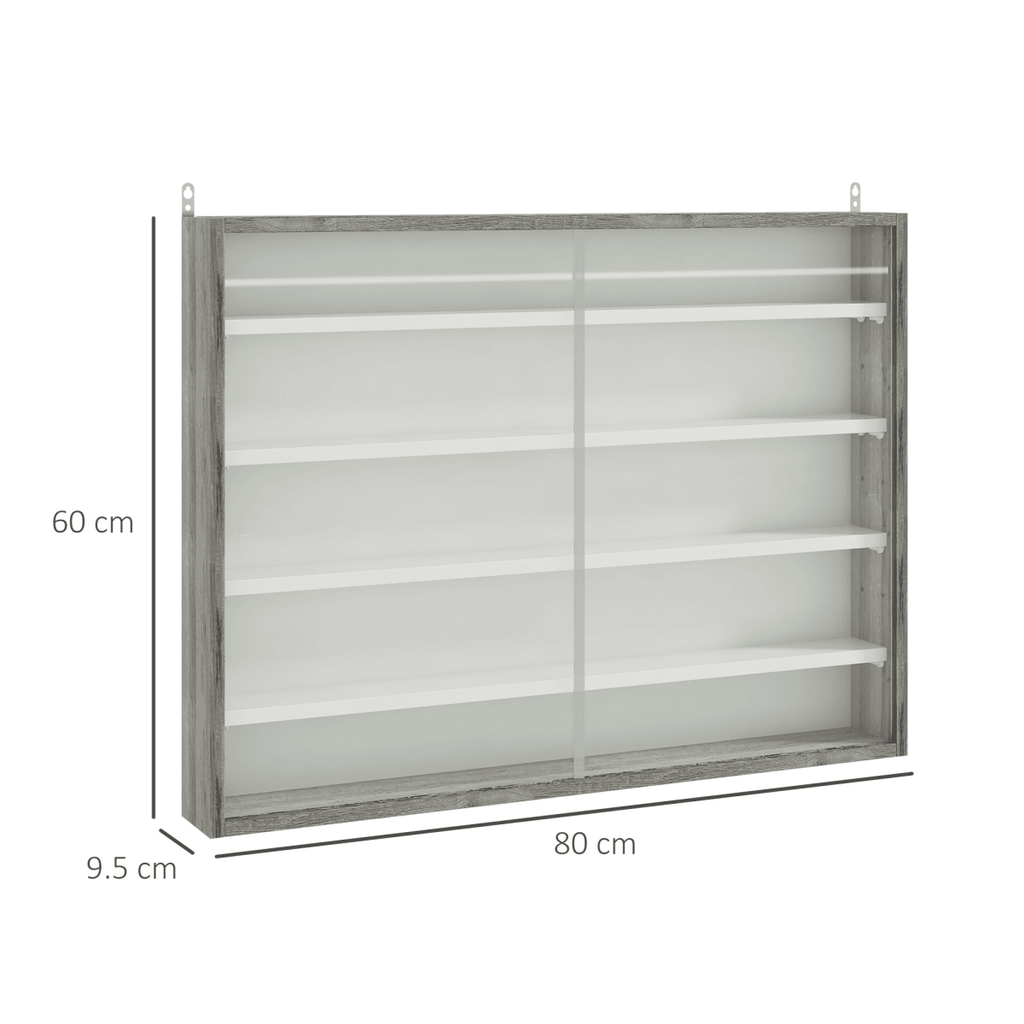 HOMCOM 5 - Tier Wall Display Shelf Unit Cabinet w/ Shelves Glass Doors Grey Wood - AKGOmniShop
