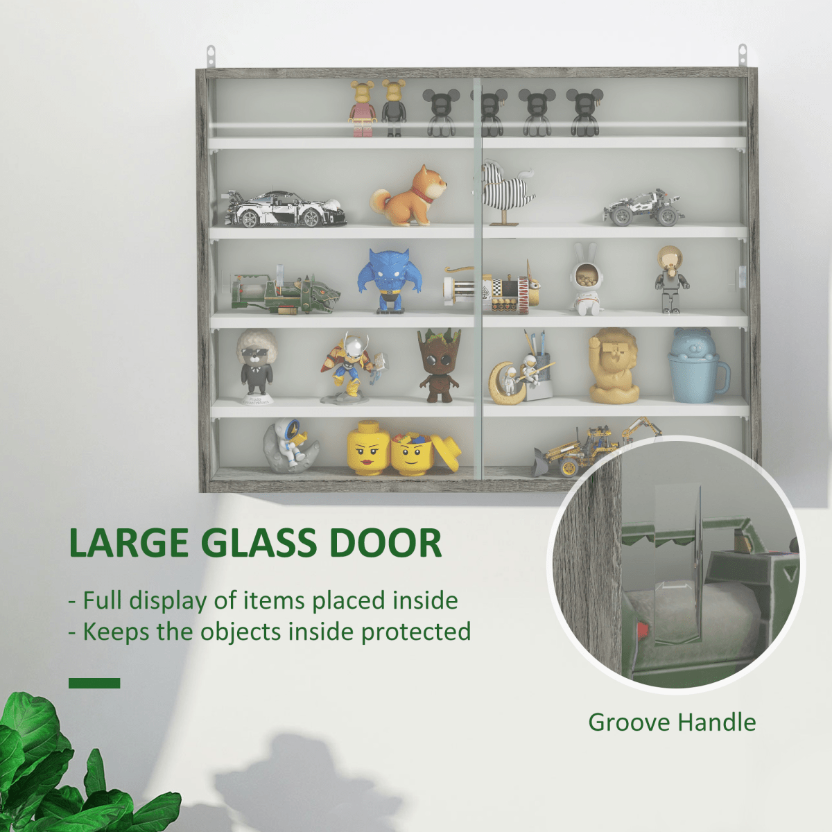 HOMCOM 5 - Tier Wall Display Shelf Unit Cabinet w/ Shelves Glass Doors Grey Wood - AKGOmniShop