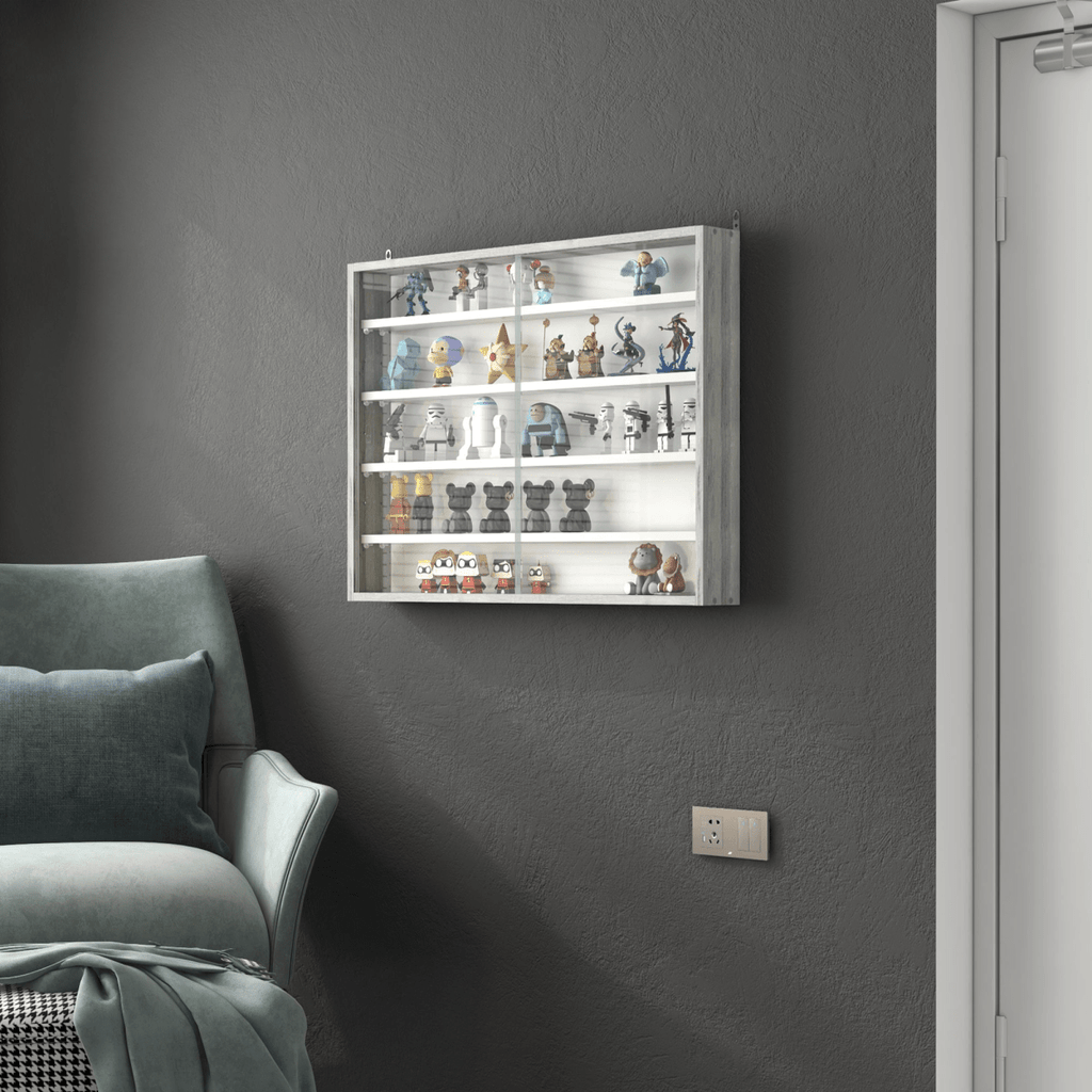 HOMCOM 5 - Tier Wall Display Shelf Unit Cabinet w/ Shelves Glass Doors Grey Wood - AKGOmniShop