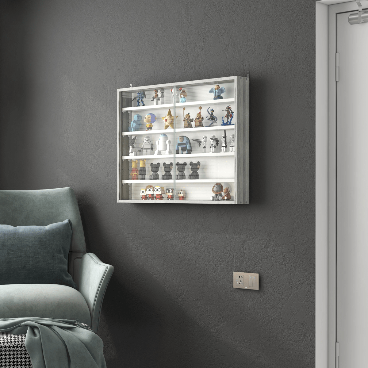 HOMCOM 5 - Tier Wall Display Shelf Unit Cabinet w/ Shelves Glass Doors Grey Wood - AKGOmniShop