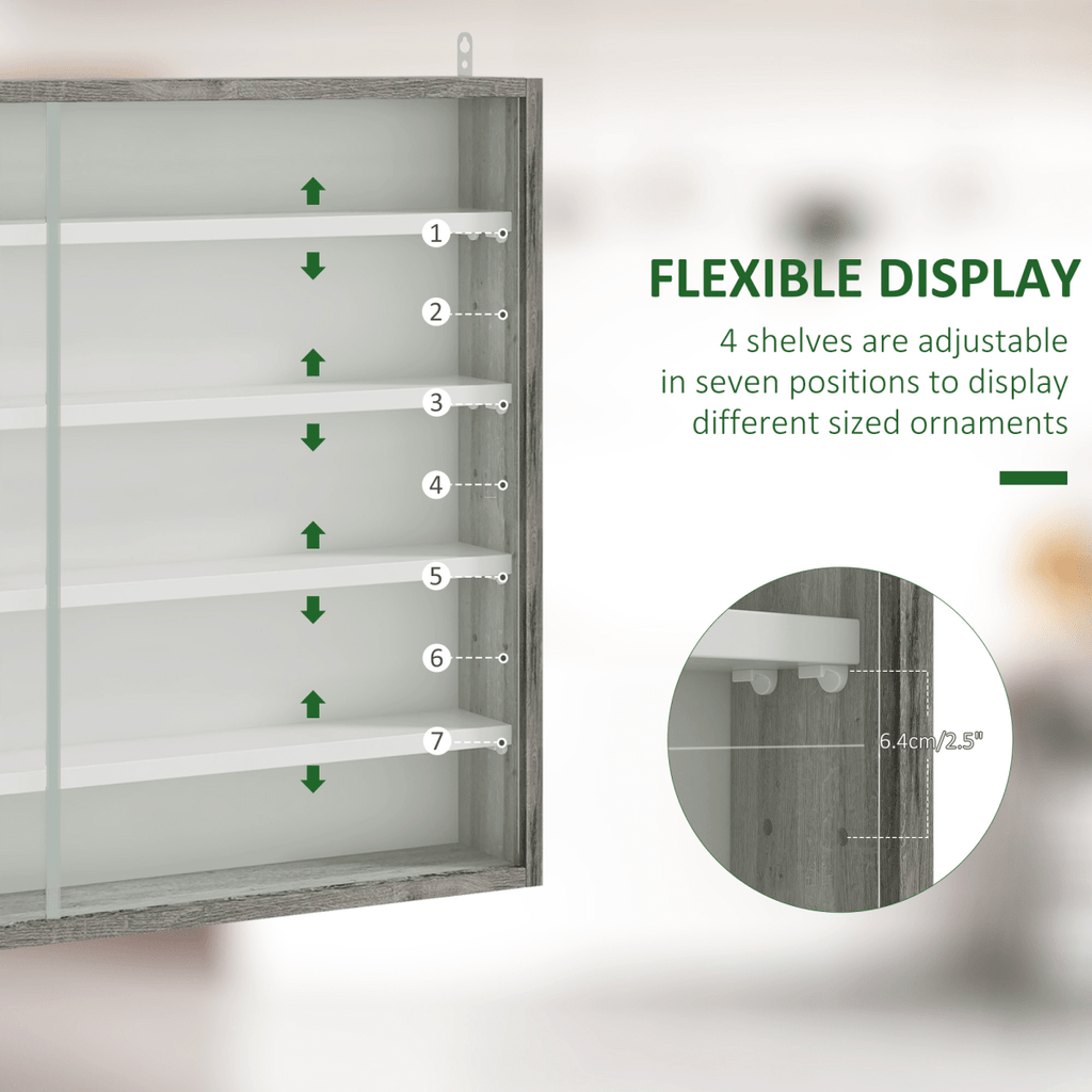 HOMCOM 5 - Tier Wall Display Shelf Unit Cabinet w/ Shelves Glass Doors Grey Wood - AKGOmniShop