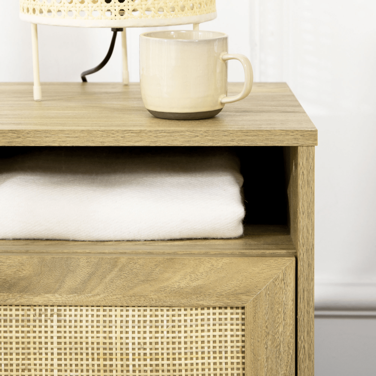 HOMCOM Nightstand, Rattan Bedside Table w/ Cabinet, Shelf, Natural - AKGOmniShop