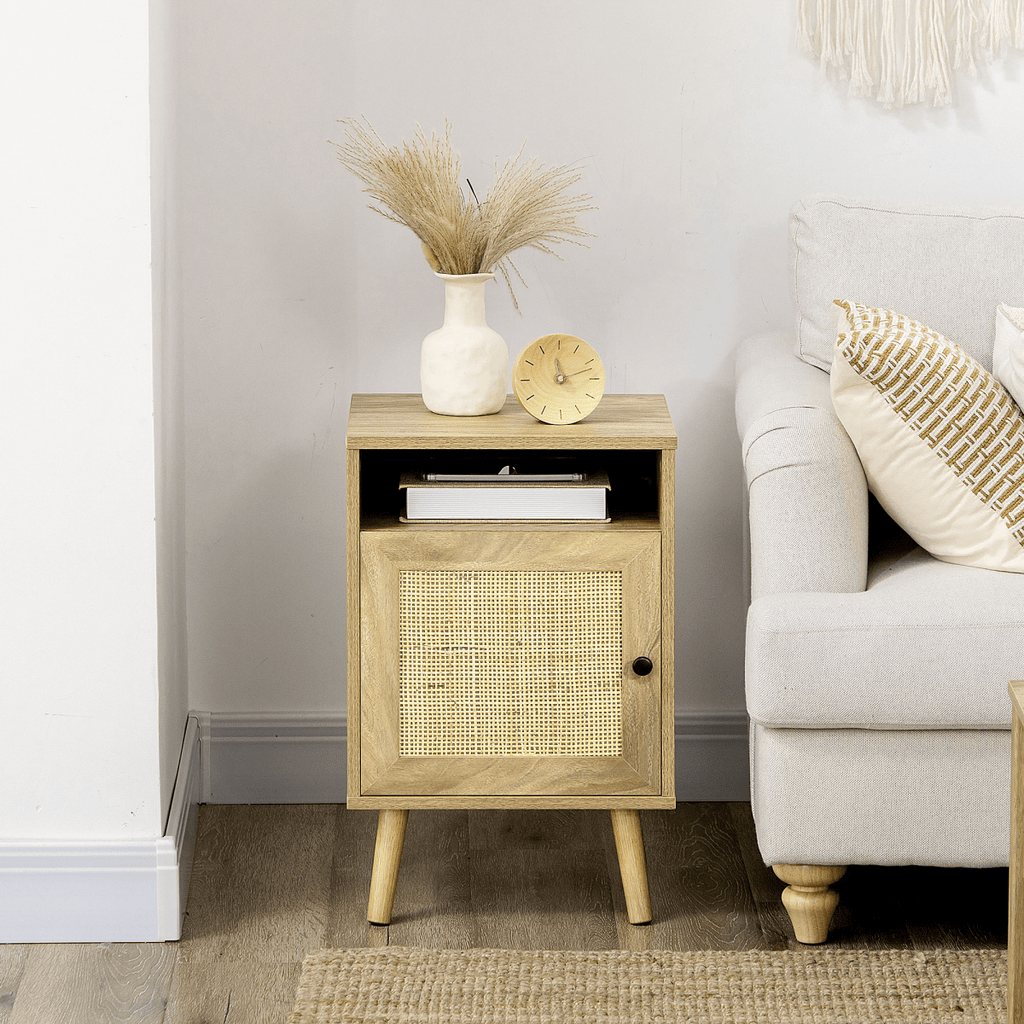HOMCOM Nightstand, Rattan Bedside Table w/ Cabinet, Shelf, Natural - AKGOmniShop
