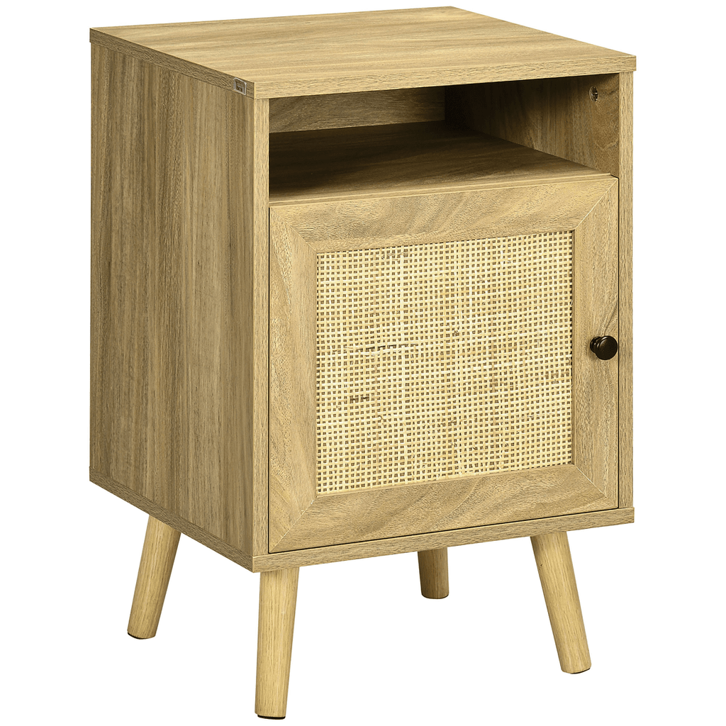 HOMCOM Nightstand, Rattan Bedside Table w/ Cabinet, Shelf, Natural - AKGOmniShop