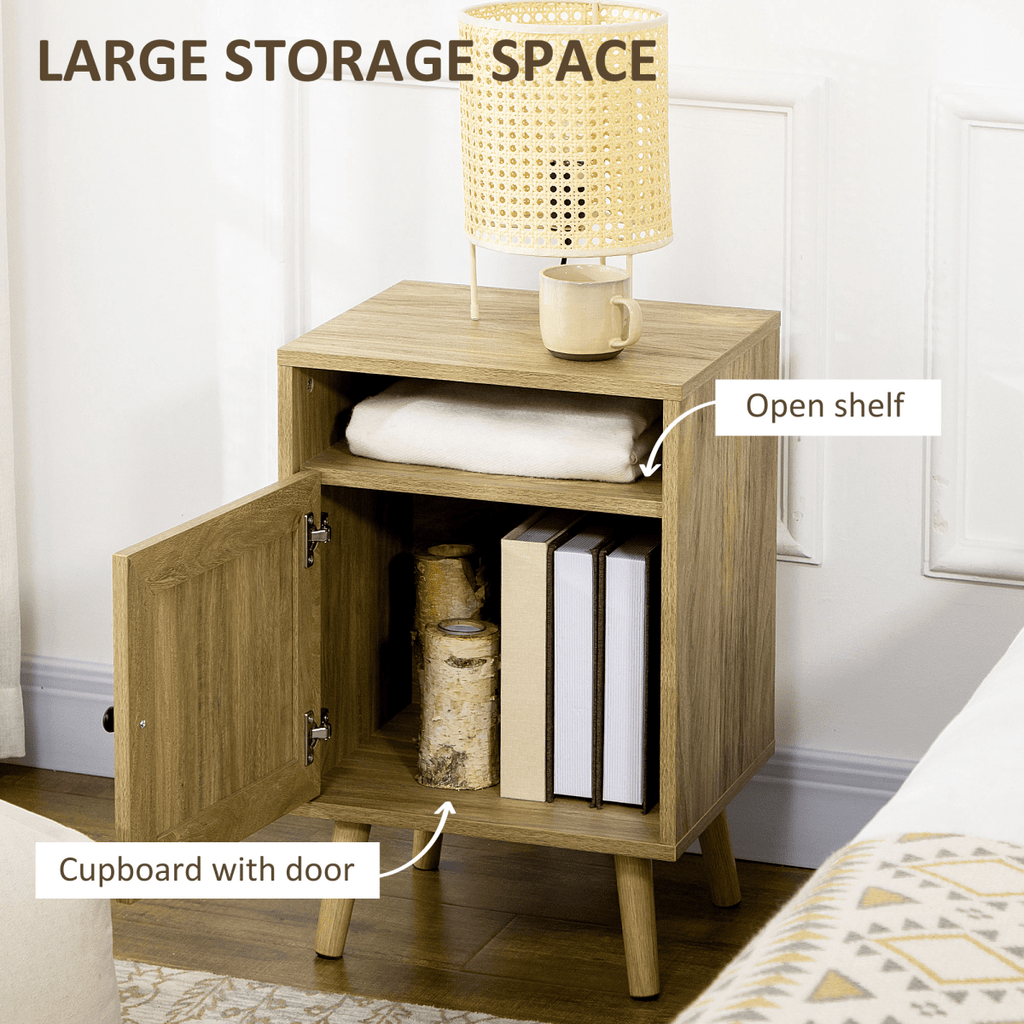 HOMCOM Nightstand, Rattan Bedside Table w/ Cabinet, Shelf, Natural - AKGOmniShop