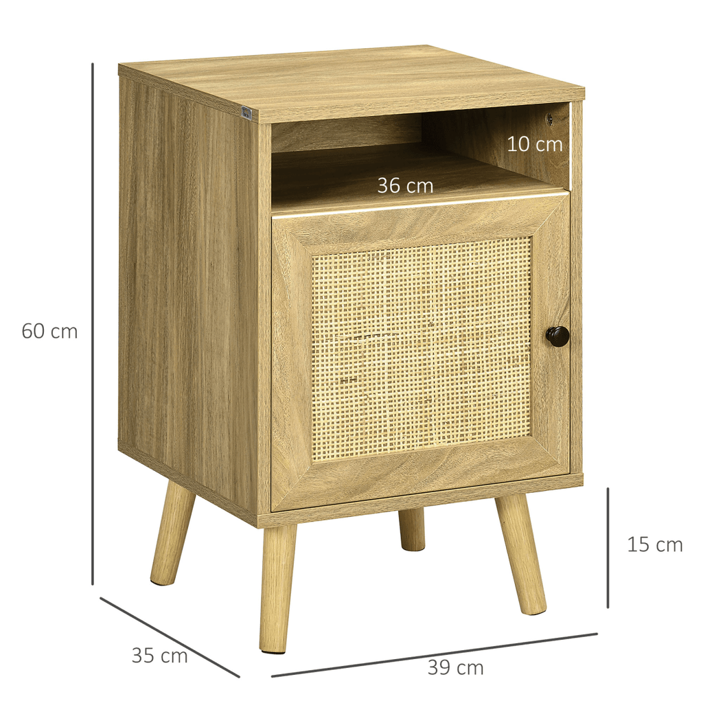 HOMCOM Nightstand, Rattan Bedside Table w/ Cabinet, Shelf, Natural - AKGOmniShop