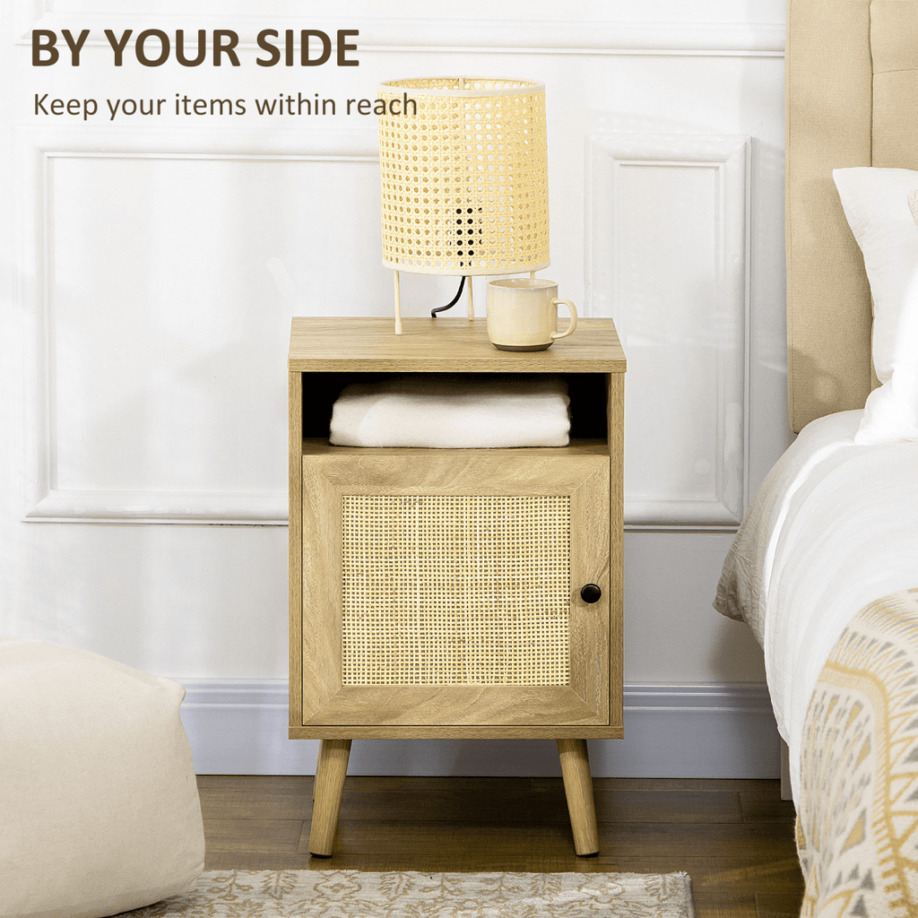 HOMCOM Nightstand, Rattan Bedside Table w/ Cabinet, Shelf, Natural - AKGOmniShop