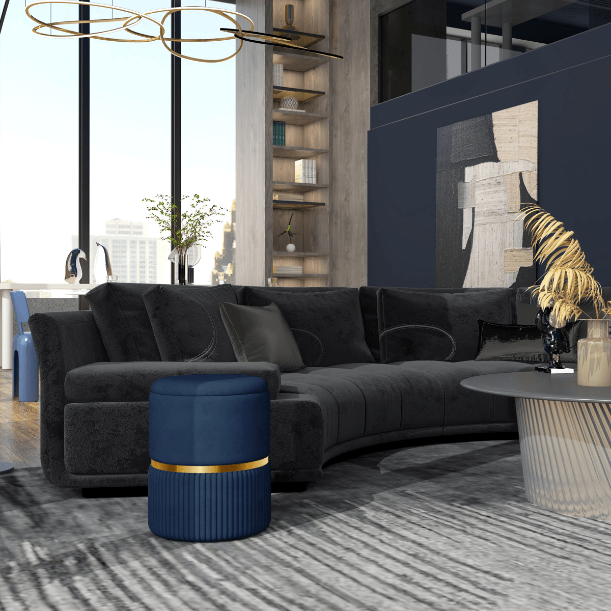 HOMCOM Round Pouffe, Storage Footstool with Cushioned Top, Hidden Space - AKGOmniShop