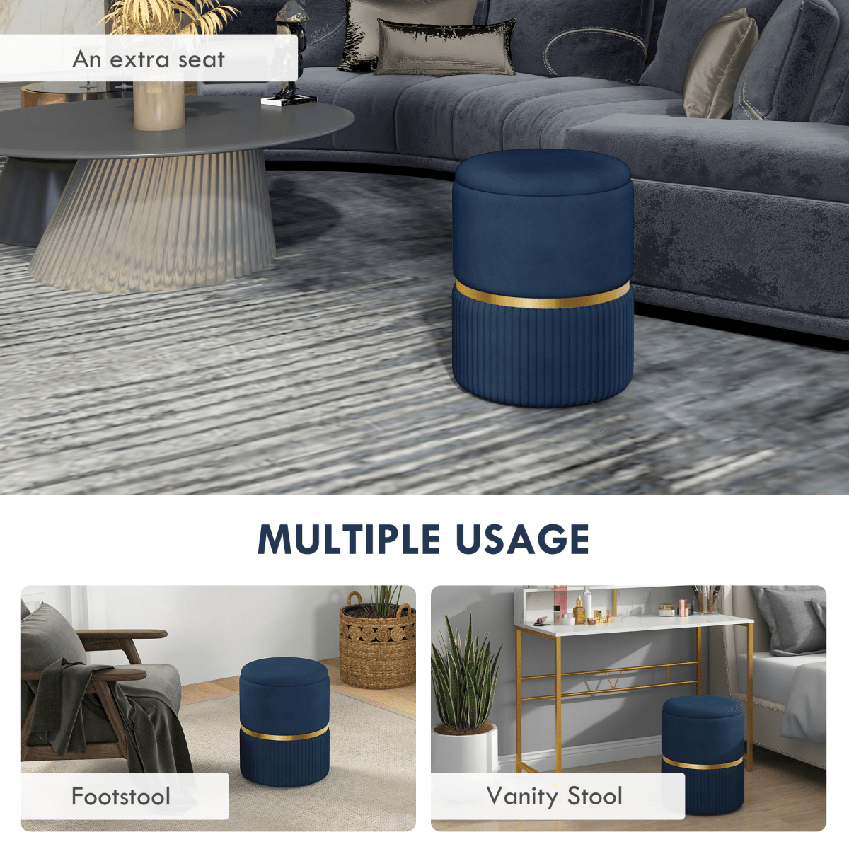 HOMCOM Round Pouffe, Storage Footstool with Cushioned Top, Hidden Space - AKGOmniShop