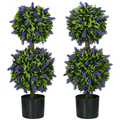 HOMCOM Set of 2 Potted Artificial Plants Ball Tree with Lavender Flowers, 70cm - AKGOmniShop