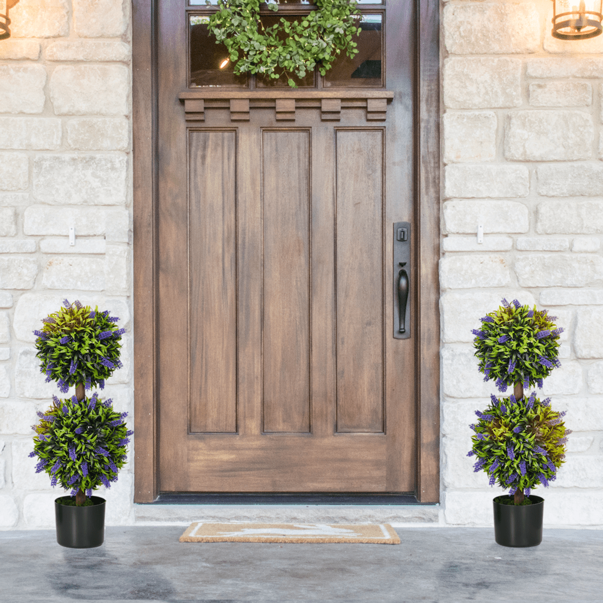 HOMCOM Set of 2 Potted Artificial Plants Ball Tree with Lavender Flowers, 70cm - AKGOmniShop