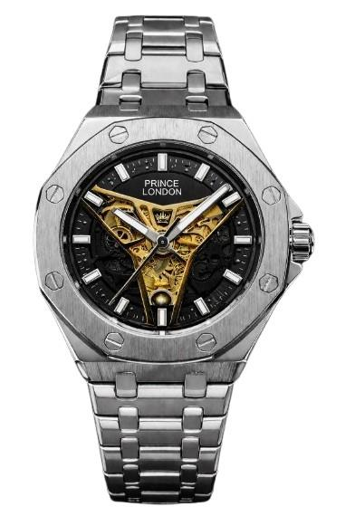 NYL Mens Automatic Metal Hollow Mechanical Octagon Screw Decoration Dial Analogue Silver/Black Metal Bracelet Watch NY London