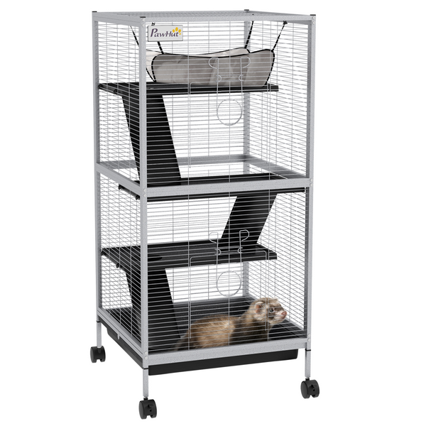 PawHut Rolling Small Animal Cage for Chinchillas Ferrets Kittens W/ Ramp Grey