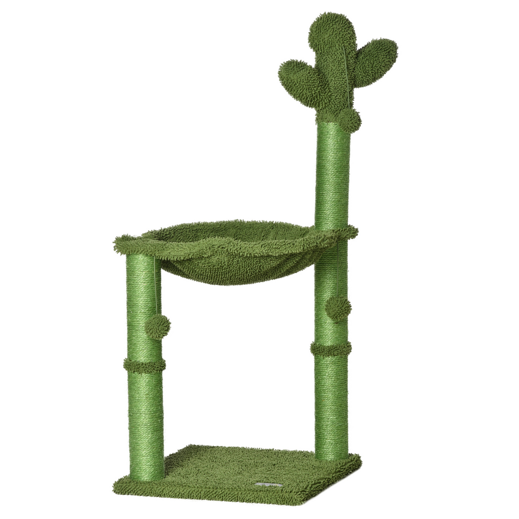 Green cactus cat tree by Pawhut featuring a scratching post, hammock bed, and toy ball for indoor cats.