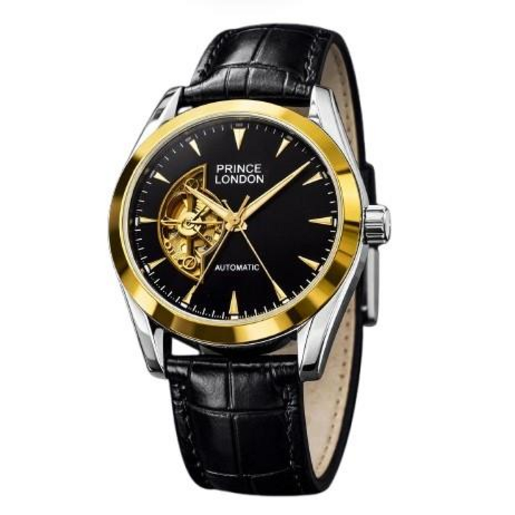 NYL Mens Fashion Automatic Leather Mechanical Round Face Dial Analogue Gold/Black Faux Leather Strap Watch NY London