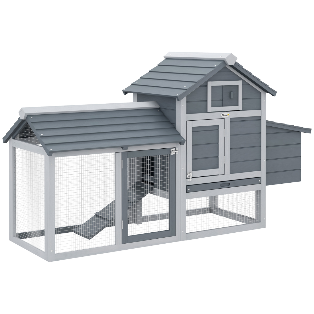 Small Pawhut chicken coop with grey nesting box and outdoor run, measuring 150.5 x 54 x 87 cm, set in a garden.