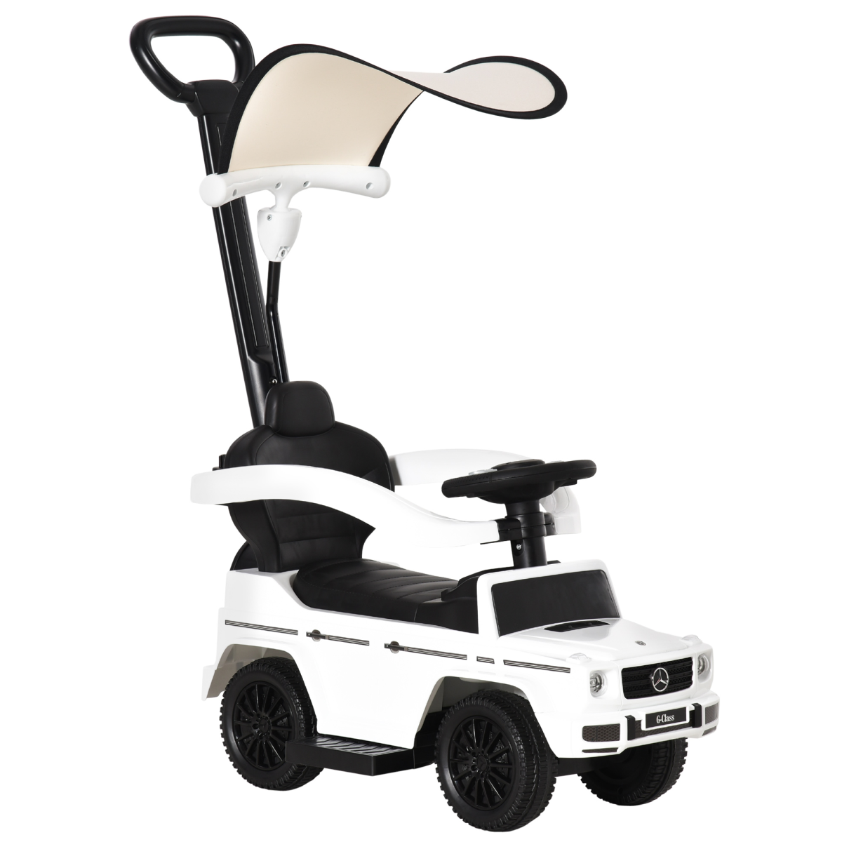 Licensed Mercedes Benz G350 ride-on push car in white with sun canopy for toddlers aged 12-36 months.