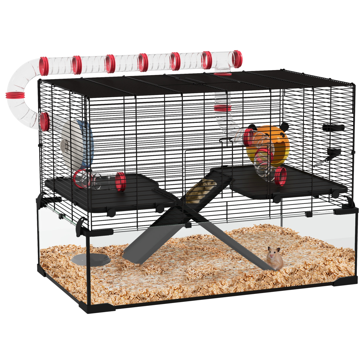 PawHut Hamster Cage w/ Tunnels, Tubes, Ramps, Platforms, Hut, 78.5 x 48.5 x 57cm