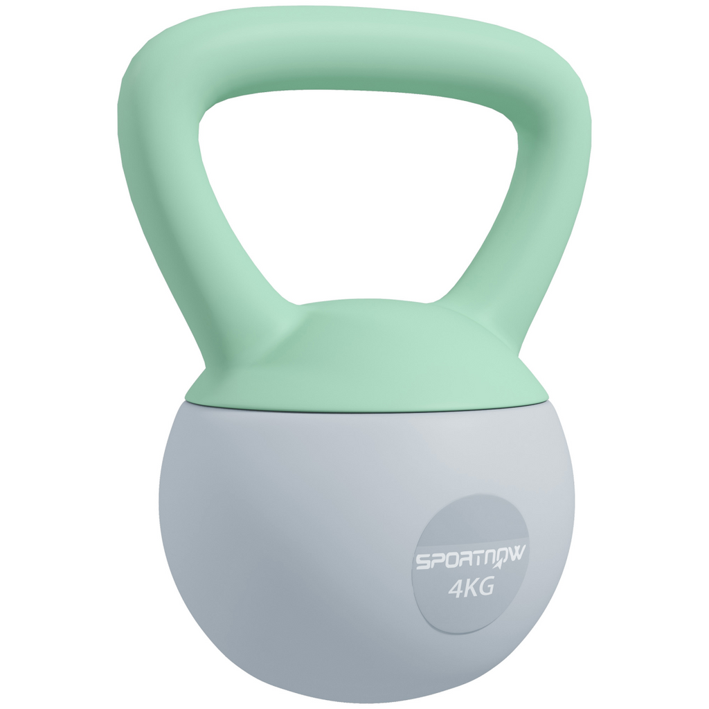 4KG SPORTNOW kettlebell with a soft body and non-slip handle in grey and green, ideal for workouts and strength training.